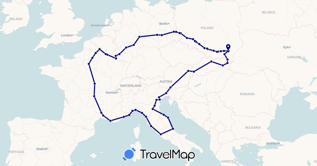 TravelMap itinerary: driving in Austria, Germany, France, Italy, Luxembourg, Poland, Slovakia (Europe)